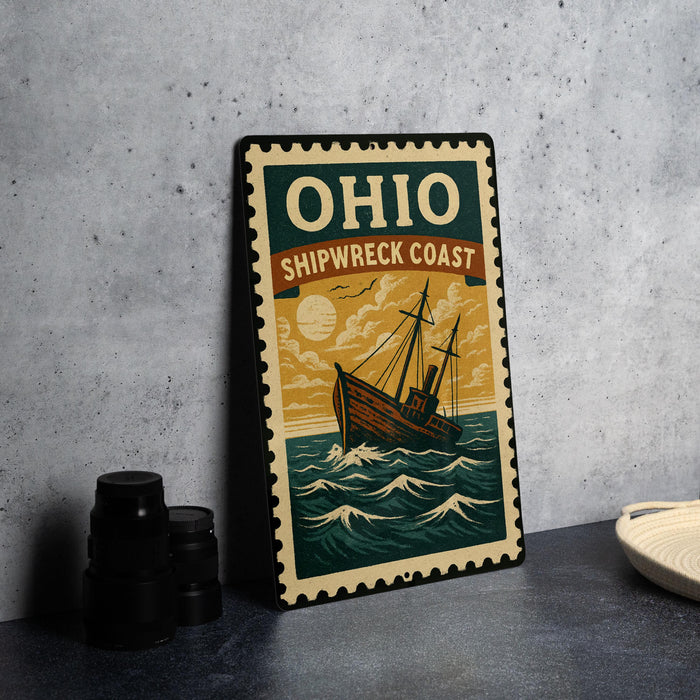 A vintage-style metal sign with a ship illustration and the text "OHIO SHIPPWRECK COAST" is displayed on a gray countertop.
