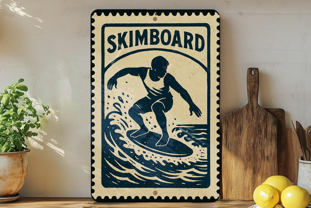 A vintage-style metal sign with a silhouette of a surfer riding a wave, accompanied by the word "SKIMBOARD" in bold letters. The sign is displayed on a wooden shelf, with a potted plant, a wooden cutting board, and some lemons nearby.