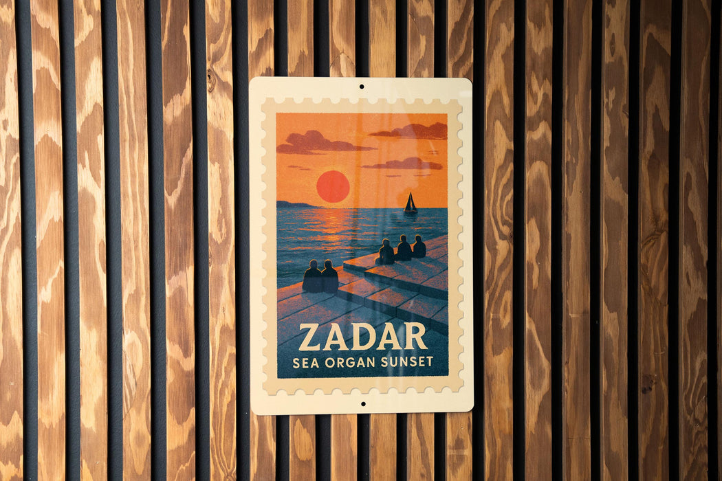 A vintage-style poster of Zador Sea Organ Sunset is displayed on a wooden wall.