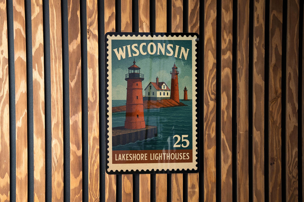 A Wisconsin postage stamp featuring a lighthouse scene, with the text "WISCONSIN" and "LAKESHORE Lighthouses" prominently displayed.