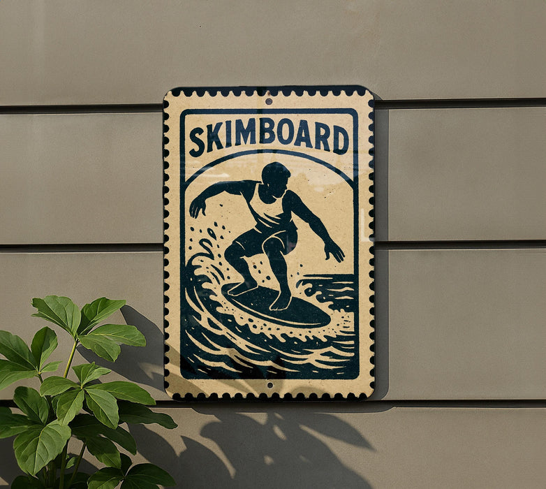 A sign that reads "SKIMBOARD" is attached to a wall, featuring a silhouette of a surfer riding a wave.