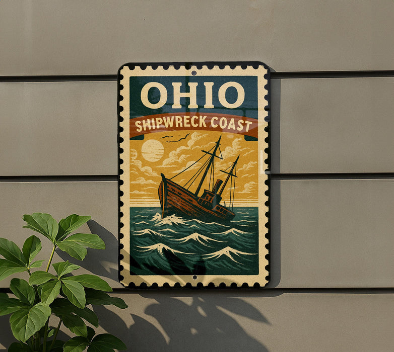 A vintage-style sign for the Ohio Shipwreck Coast, featuring a ship illustration and the text "OHIO SHIPWRECK COAST" on a gray wall.