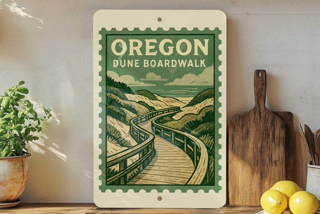 a wooden boardwalk with a curved path leading through a scenic landscape, accompanied by a potted plant and a wooden cutting board.