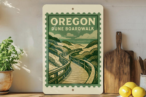 a wooden boardwalk with a curved path leading through a scenic landscape, accompanied by a potted plant and a wooden cutting board.