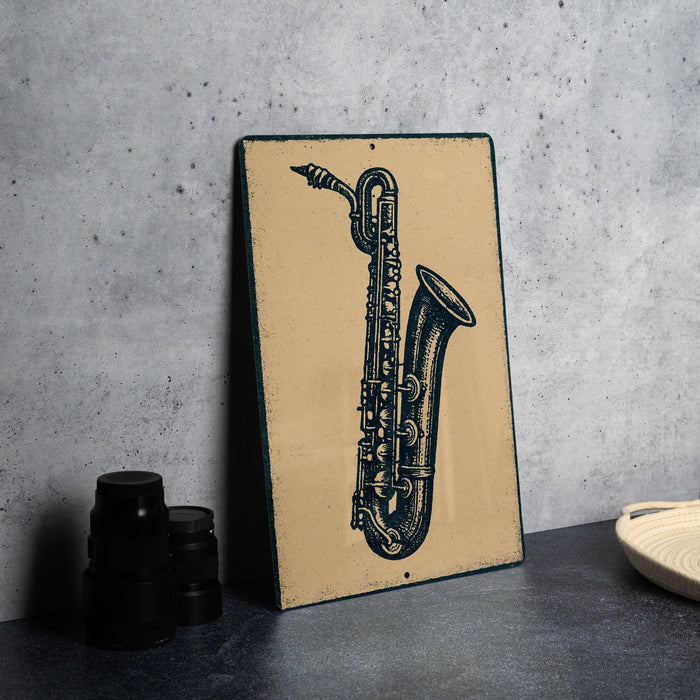 a saxophone on a wall, with a stack of black camera lenses to the left and a white dish to the right.