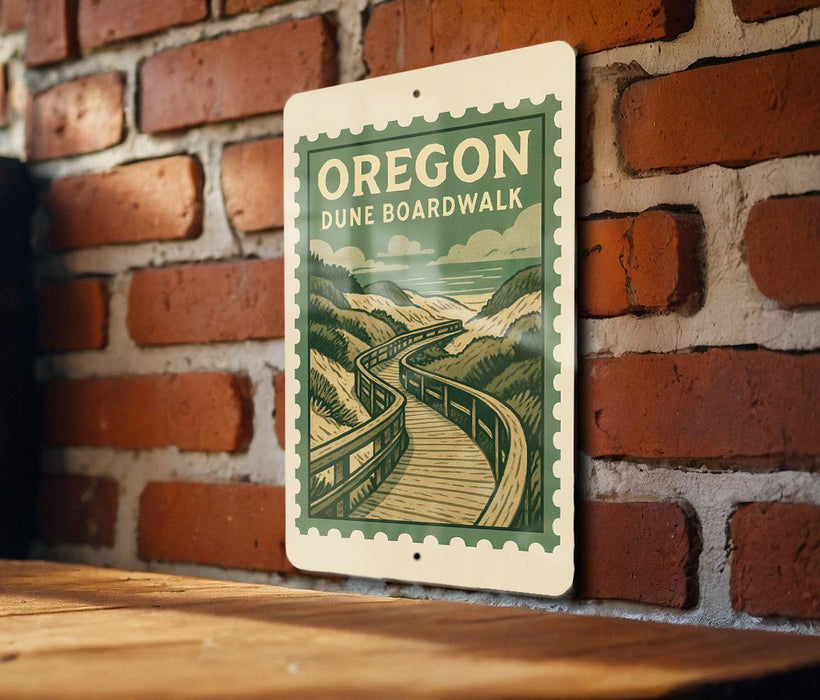 A metal sign with a vintage-style illustration of a wooden boardwalk and a scenic landscape, mounted on a brick wall.