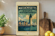 A framed poster of the historic waterfronts of Massachusetts hangs on a wall, featuring a lighthouse and a ship sailing on the water.