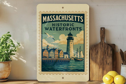 A framed poster of the historic waterfronts of Massachusetts hangs on a wall, featuring a lighthouse and a ship sailing on the water.