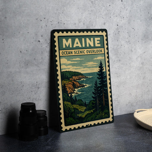A framed poster of the Maine Ocean Scenic overlook, featuring a scenic landscape with a rocky coastline, pine trees, and the ocean.