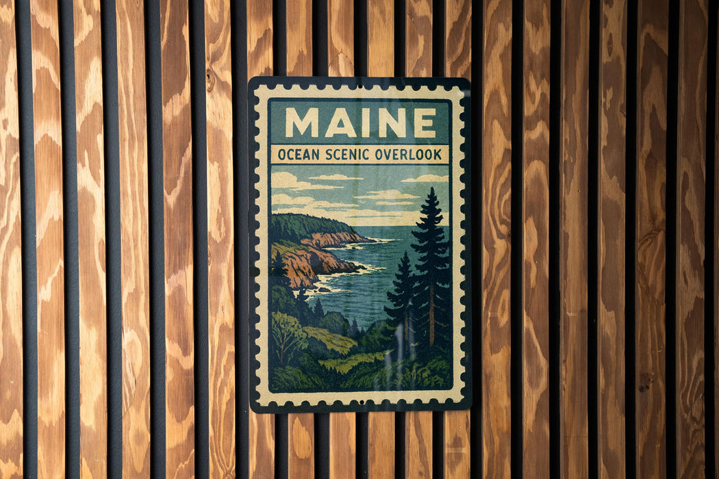 A framed poster of Maine's Ocean Scenic overlook is displayed on a wooden wall.