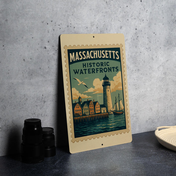 A framed poster of the historic Waterfront in Massachusetts, featuring a lighthouse and boats, is displayed on a wall next to some black camera lenses.