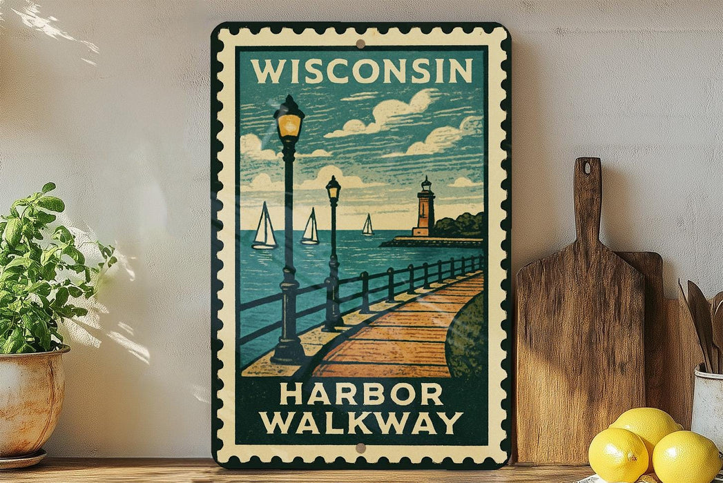 A vintage-style metal sign depicting a harbor walkway in Wisconsin, with sailboats and a lighthouse in the background.