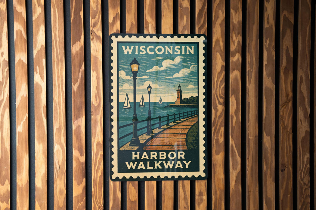A vintage-style poster of the Harbor Walkway in Wisconsin, featuring a wooden walkway, lampposts, and sailboats on the water.