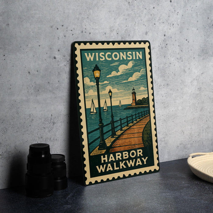 A metal sign with a vintage-style illustration of a harbor walkway in Wisconsin, featuring a lamppost, sailboats, and a lighthouse.