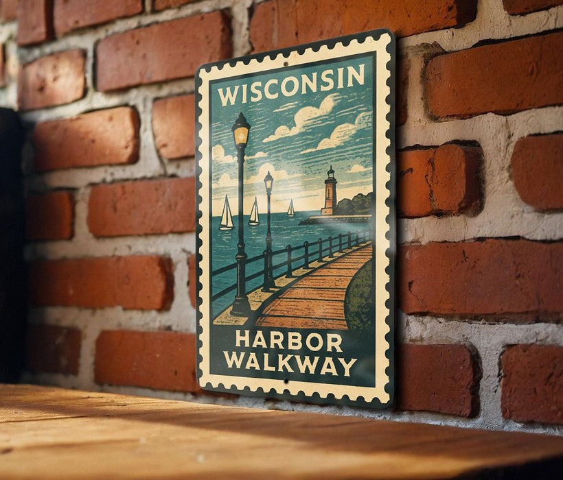 A vintage-style metal sign with a lighthouse and a wooden walkway, mounted on a brick wall.