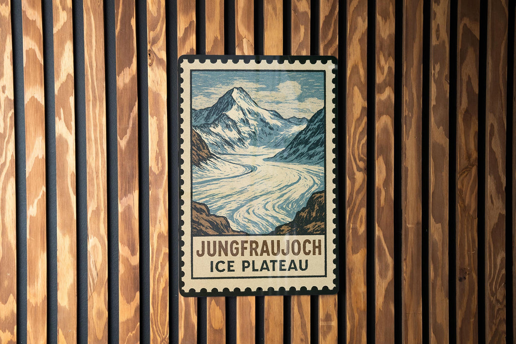 A vintage postage stamp featuring a mountain landscape with a river, mounted on a wooden wall.