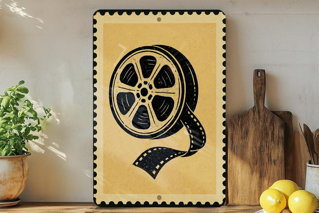 a framed artwork depicting a film reel on a shelf, surrounded by kitchen utensils and a potted plant.