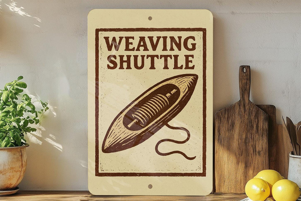 a sign that reads "Weaving Shuttle" with a drawing of a shuttle on it, placed on a shelf next to a wooden cutting board and a potted plant.