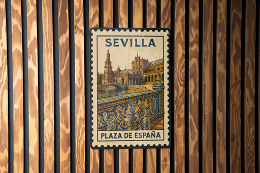 A vintage postage stamp from Spain, featuring the Seville Cathedral, is displayed on a wooden wall.