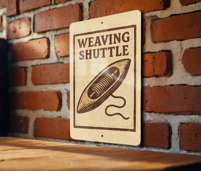 A sign on a brick wall that reads "Weaving Shuttle".