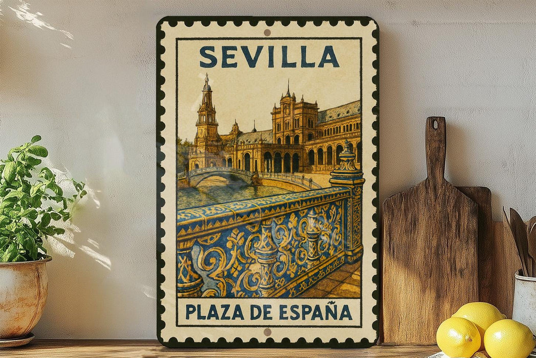 a vintage-style metal sign with a colorful illustration of a building, placed on a wooden surface next to a wooden cutting board and some potted plants.