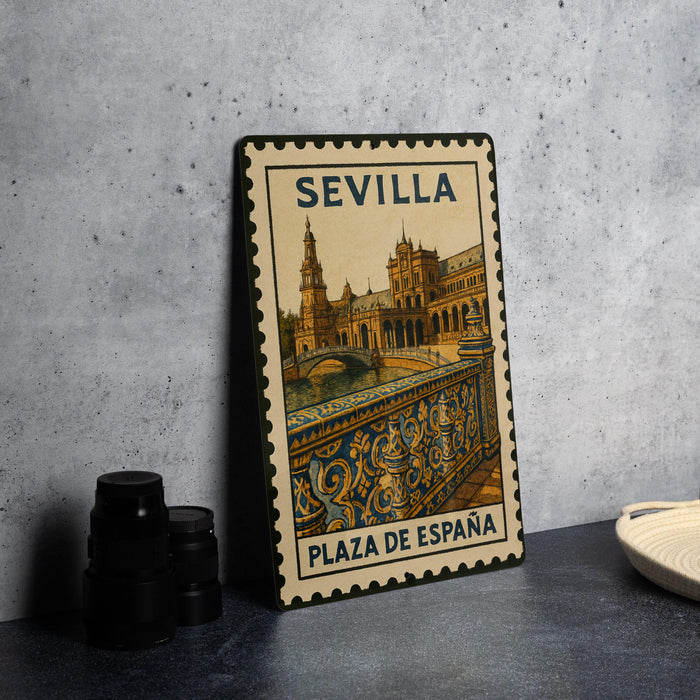 A framed poster of the Plaza de España in Seville, Spain, featuring an illustration of the historic building and its surroundings.