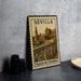 A framed poster of the Plaza de España in Seville, Spain, featuring an illustration of the historic building and its surroundings.