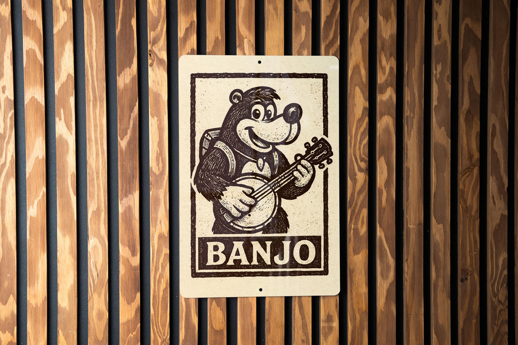 A sign featuring a cartoon image of a bear playing a banjo.