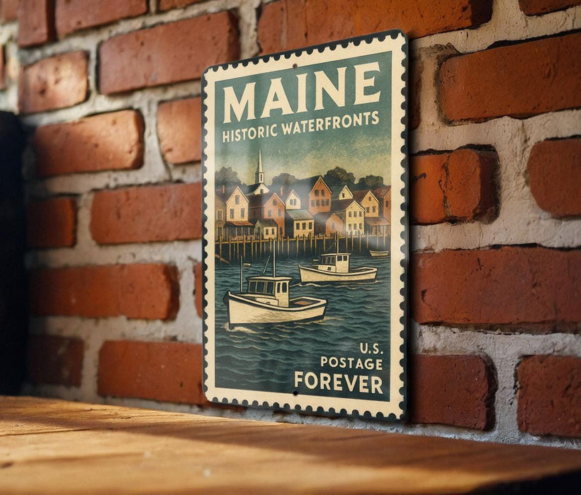 A vintage-style postage stamp featuring a boat illustration and the text "MAINE HISTORIC WATERFRONTS" and "U.S. POSTAGE FOREVER" is displayed on a brick wall.