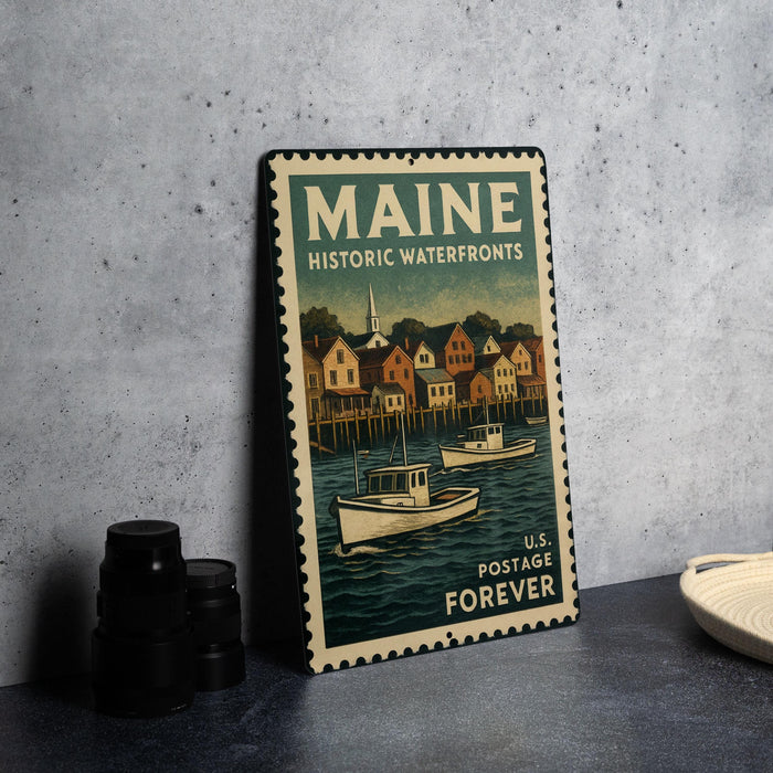 A vintage Maine postage stamp featuring a harbor scene with boats and buildings, placed on a countertop next to some black camera lenses.