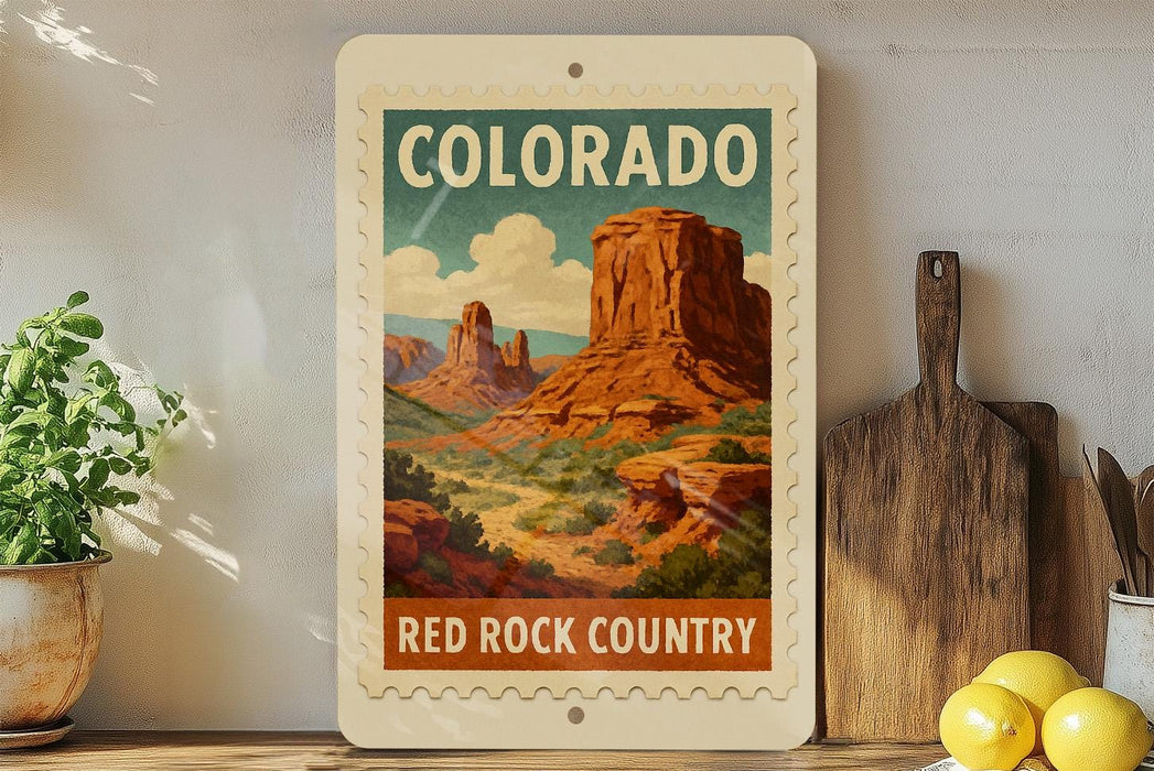A framed vintage-style stamp depicting the scenic landscape of the Red Rock Country in Colorado.