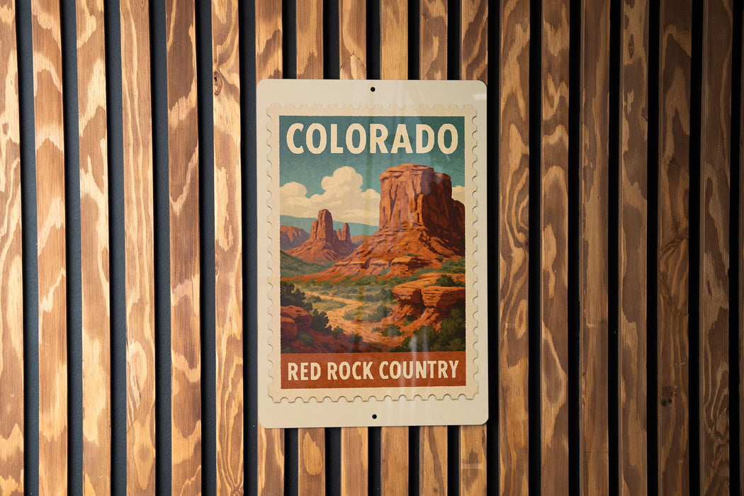 A vintage-style sign for the Red Rock Country in Colorado, featuring a mountain landscape with a cloudy sky.