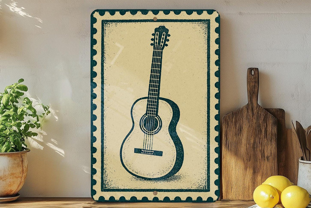 a framed picture of a guitar on a shelf, with a potted plant to the left and a wooden cutting board to the right.