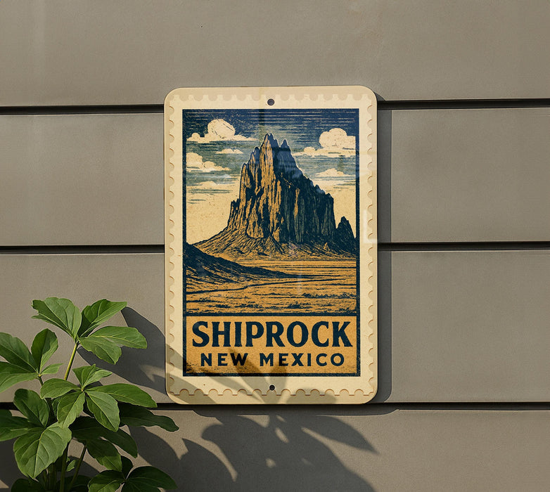 A sign depicting a mountain with clouds, mounted on a wall next to a plant.