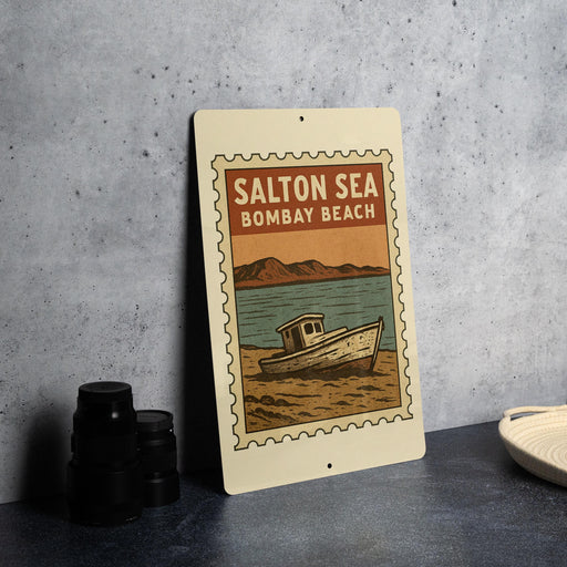 a sign for Salton Sea, Bombay Beach, with a vintage-style illustration of a boat on the beach.