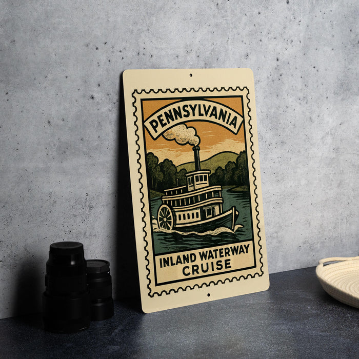 A sign for the Pennsylvania Inland Waterway Cruise, featuring a vintage-style illustration of a steamboat on a river.
