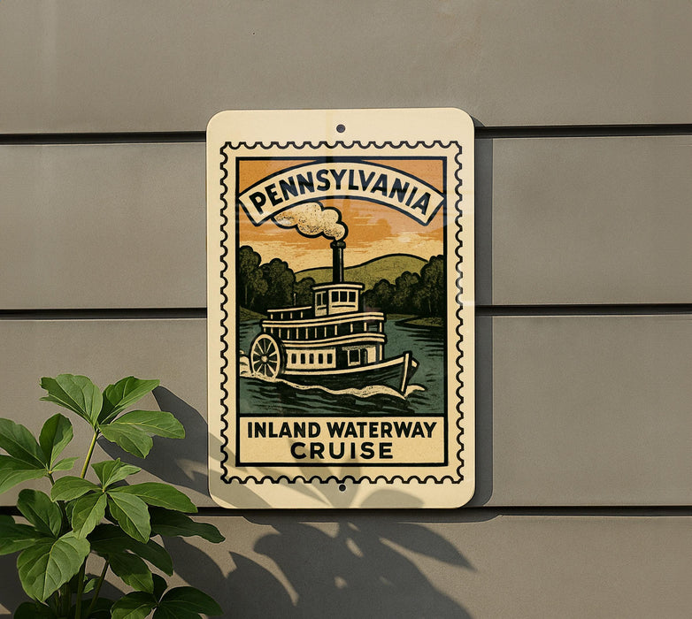 A sign for the Inland Waterway Cruise in Pennsylvania, featuring a steamboat illustration.