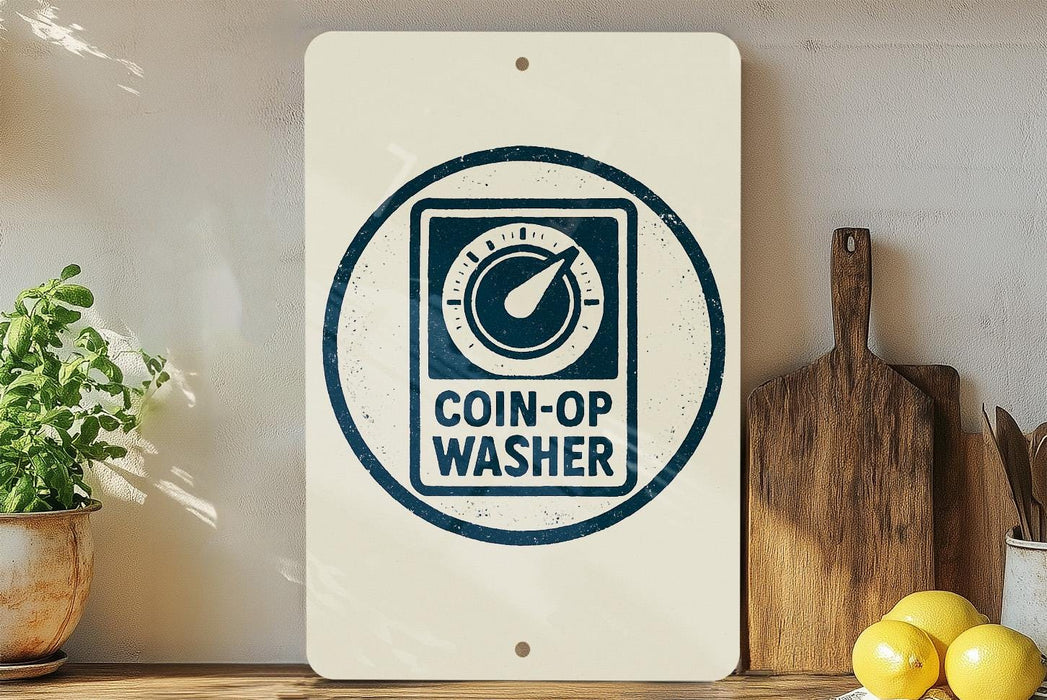 a sign that reads "COIN-OP WASHER" with a circular symbol resembling a coin and a scale, placed on a wooden surface next to a wooden cutting board and some lemons.