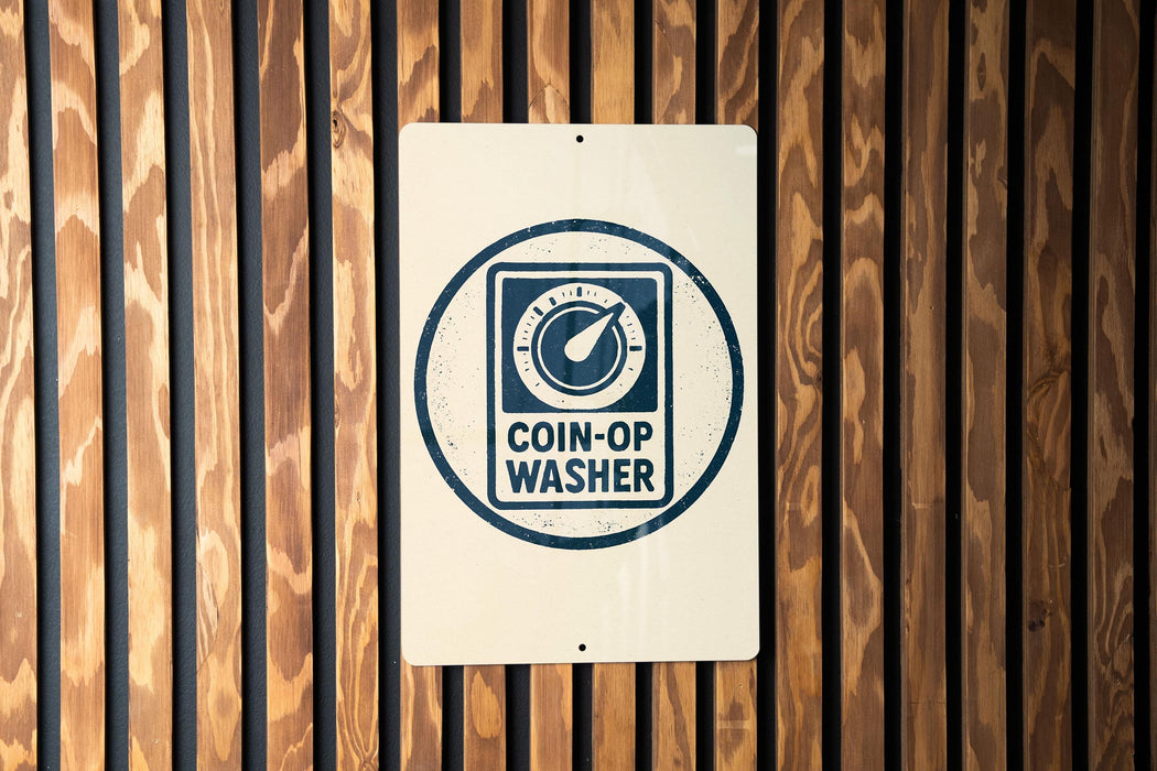A sign with the text "COIN-OP WASHER" is displayed on a wooden wall.