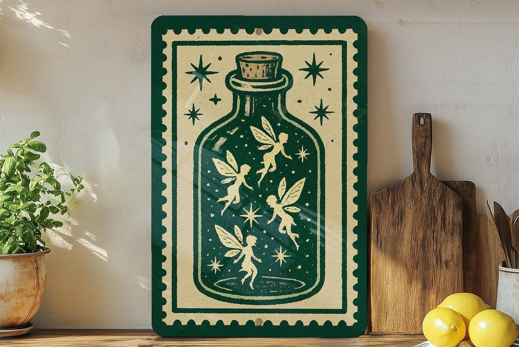 a green and white sign with a whimsical illustration of fairies inside a bottle, surrounded by stars and a cork. The sign is displayed on a shelf next to a wooden cutting board and a potted plant.