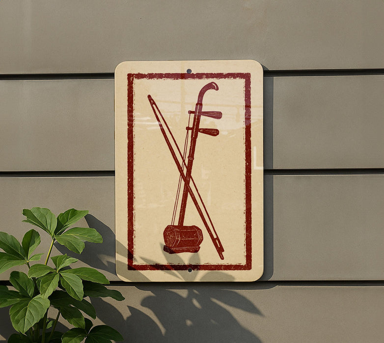 a sign with a red and white design depicting a musical instrument, such as a violin or cello, with crossed bows.