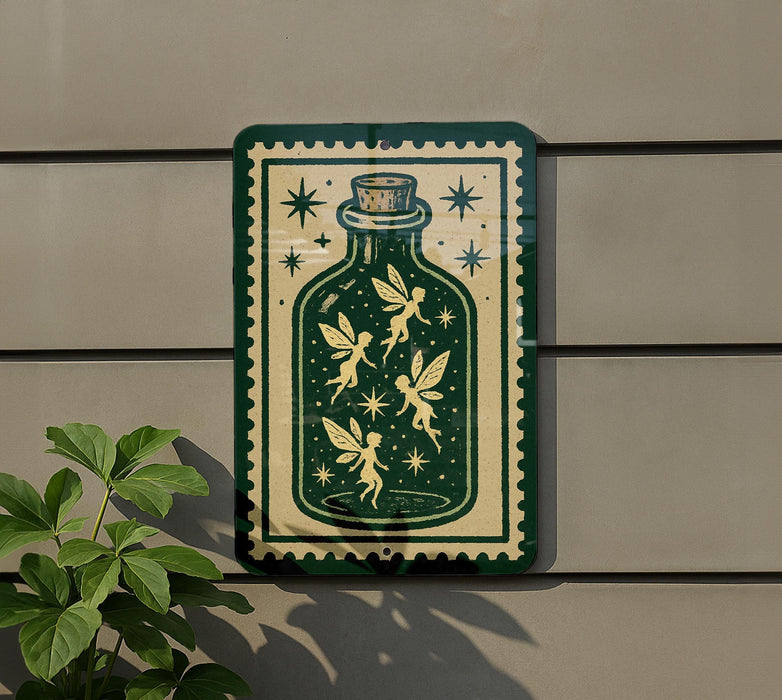 a green and gold sign with a fairy illustration on it, mounted on a wall next to a plant.