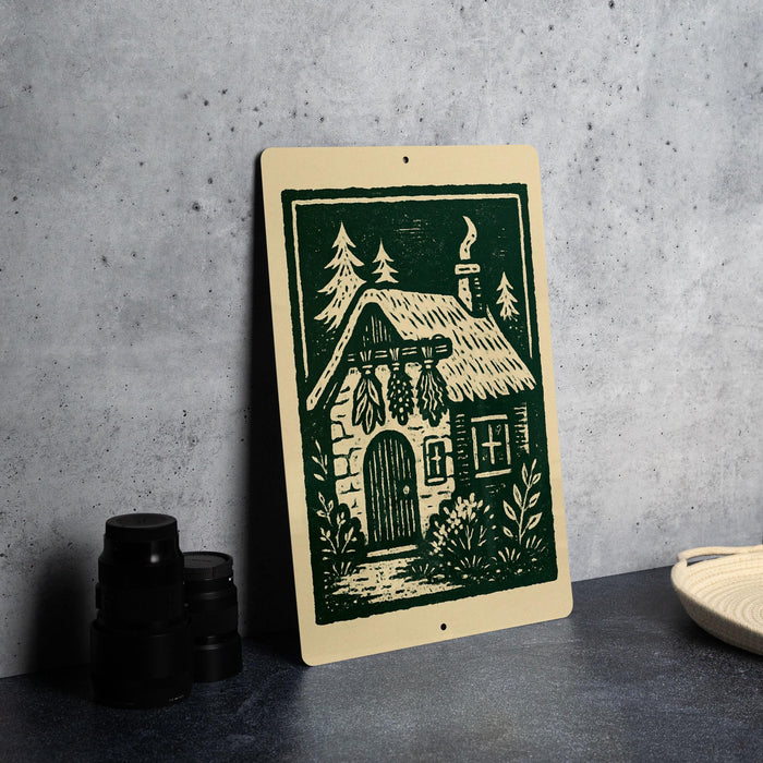 A metal sign with a green and white illustration of a house, featuring a chimney and trees, is displayed on a gray countertop.