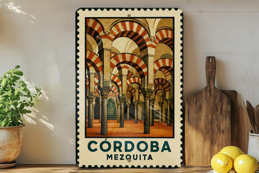 a framed poster of the Cordoba Cathedral in Spain, with a wooden cutting board and a potted plant to the left.