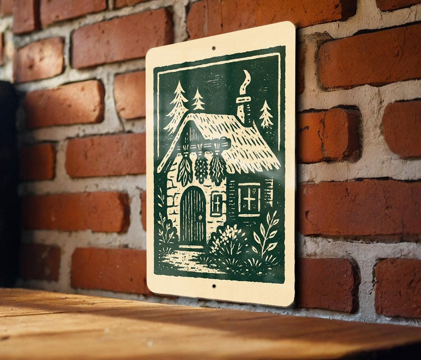 A green and white sign depicting a quaint cabin with a chimney, set against a brick wall.
