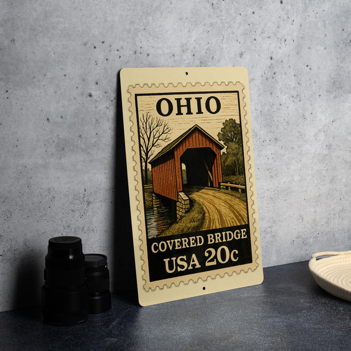 A metal sign with a wooden bridge and the text "OHIO COVERED BRIDGE USA 20c" is displayed on a table.