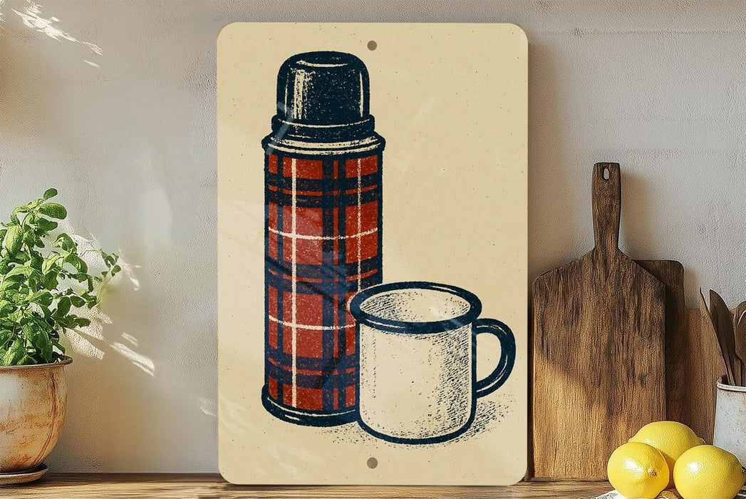 A vintage-style illustration of a thermos and a mug is displayed on a wall, accompanied by a wooden cutting board and a potted plant.