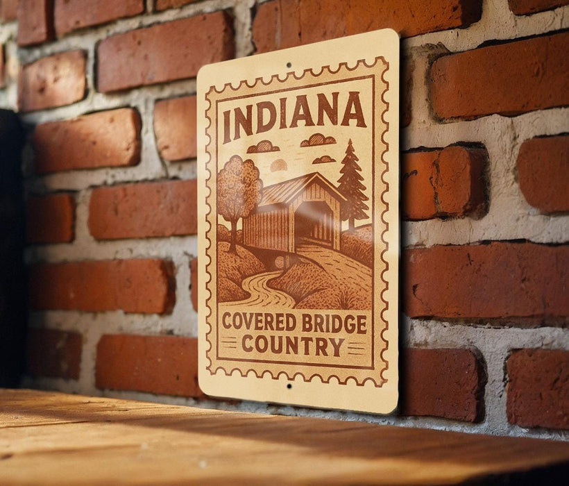 A sign for Indiana's Covered Bridge Country is displayed on a brick wall.