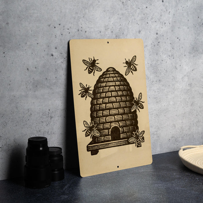 a beehive illustration on a beige background, accompanied by four bees.