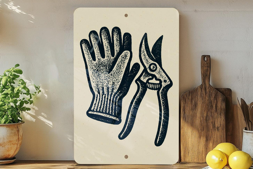 a white sign with a black illustration of a pair of gardening gloves and pruning shears, placed on a wooden surface next to a potted plant and a cutting board.